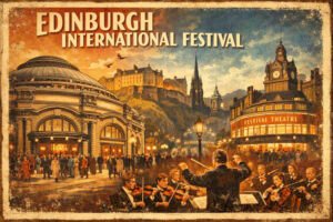 Vintage illustration promoting the Edinburgh International Festival, featuring the Usher Hall, Festival Theatre, and orchestral performance imagery.
