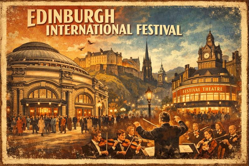Vintage illustration promoting the Edinburgh International Festival, featuring the Usher Hall, Festival Theatre, and orchestral performance imagery.
