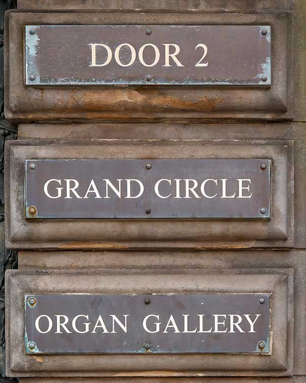 Detail of the Usher Hall, Edinburgh - showing sign foe Organ Gallery and Grand Circle.